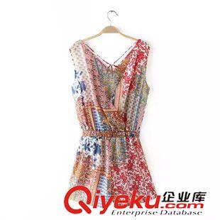 連體褲 $K 歐美風 V領印花連體短褲批發 1543原始圖片2