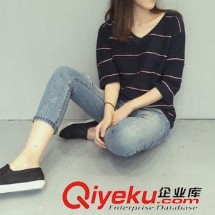 8月28號(hào)新款發(fā)布 2015秋裝炫麗時(shí)尚彩條紋V領(lǐng)五分袖女款T恤打底衫 W373原始圖片2
