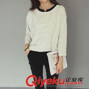 8月19號新款發(fā)布 2015秋裝簡約小缺口細(xì)橫條紋寬松長袖厚實(shí)T恤衫 H569原始圖片3