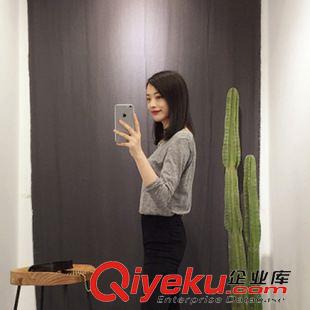 T恤 2015秋季女裝竹節棉領口交叉鏤空長袖T恤 H083原始圖片3