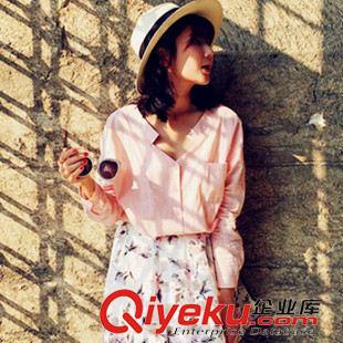8月26 NEW! 2015秋季新款韓版純棉長袖V領蝙蝠袖襯衫 韓國學院風粉嫩襯衣 女