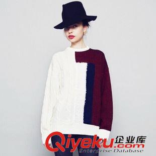 8月26 NEW! 韓國東大門2015秋裝新款復古不規(guī)則幾何圖拼色寬松針織套頭毛衣