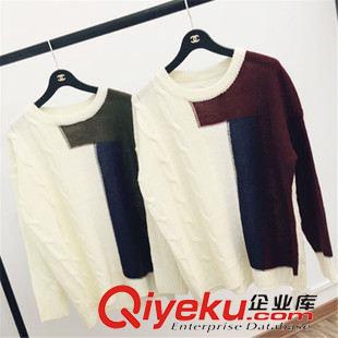 8月26 NEW! 韓國東大門2015秋裝新款復古不規(guī)則幾何圖拼色寬松針織套頭毛衣