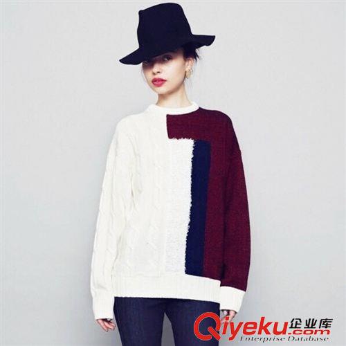 8月26 NEW! 韓國東大門2015秋裝新款復古不規(guī)則幾何圖拼色寬松針織套頭毛衣
