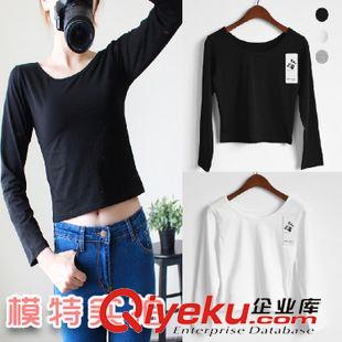 8月25 NEW! 模特實(shí)拍 2015秋冬新品純色女裝露肚臍百搭學(xué)院風(fēng)短款打底衫T恤原始圖片3