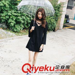 8月12 NEW! 韓國2015秋裝新款韓版女裝小心機掛脖純色簡約長袖連衣裙女