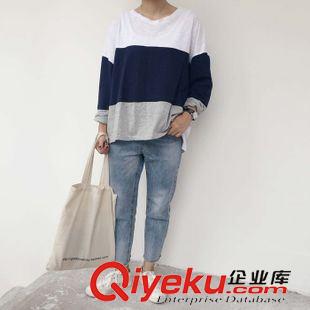8月12 NEW! 初秋新款2015韓版三色拼接條紋撞色寬松圓領套頭長袖T恤