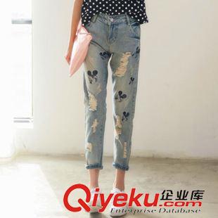 8月08 NEW! 2015秋冬新款 韓國(guó)訂單刺繡米奇寬松顯瘦破洞九分小腳哈倫牛仔褲原始圖片2