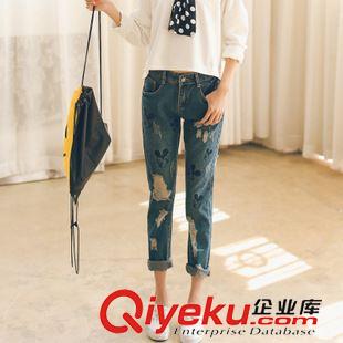 8月08 NEW! 2015秋冬新款 韓國(guó)訂單刺繡米奇寬松顯瘦破洞九分小腳哈倫牛仔褲原始圖片3