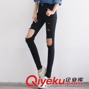 8月07 NEW! 實拍韓版2015新款膝蓋大破洞超極顯瘦高腰小腳牛仔褲九分褲女原始圖片2