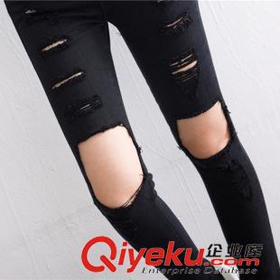 8月07 NEW! 實拍韓版2015新款膝蓋大破洞超極顯瘦高腰小腳牛仔褲九分褲女原始圖片3