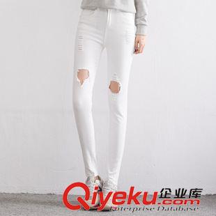 8月07 NEW! 實拍韓版2015新款雙膝破洞磨破露肉磨破白色牛仔褲小腳褲鉛筆褲原始圖片2