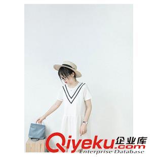 8月06 NEW! 2015夏季韓系清新學院風海軍風雙V印花純色棉質連衣裙原始圖片2