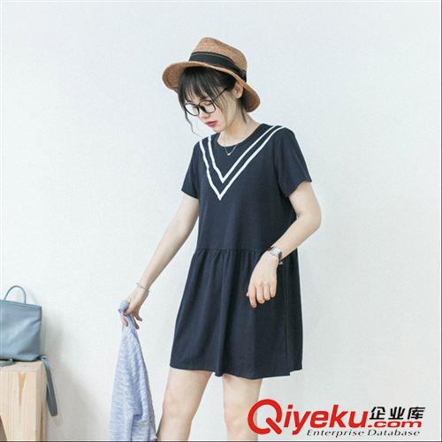 8月06 NEW! 2015夏季韓系清新學院風海軍風雙V印花純色棉質連衣裙原始圖片3