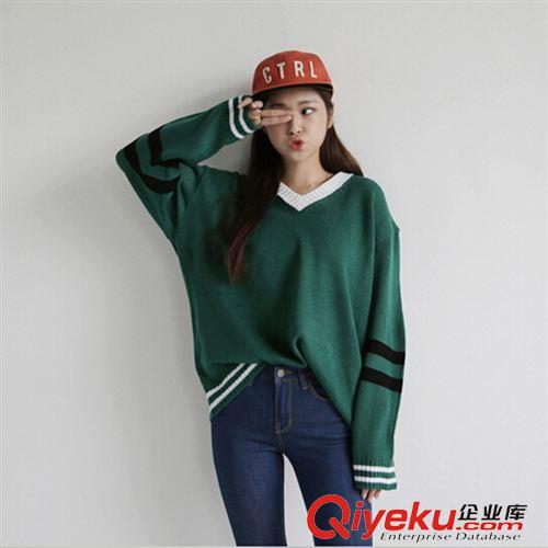9.25 韓國ulzzang 甜美V領海軍風撞色橫杠條紋保暖針織套頭毛衣秋冬裝原始圖片2