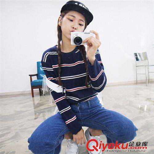 9.25 韓國ulzzang 基礎(chǔ)百搭條紋撞色秋冬裝保暖套頭打底毛衣女裝原始圖片2