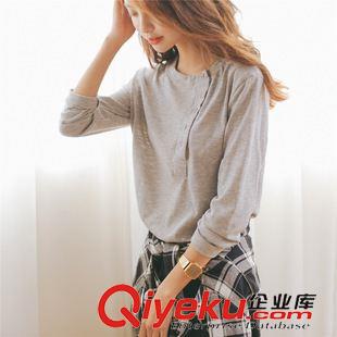 9.28 新款韓版秋裝民族風側面?zhèn)冗吋~扣圓領修身長袖T恤衫打底衫女原始圖片2