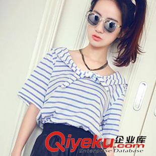 中端女裝夏天t恤 阿里巴巴批發(fā)網(wǎng)女裝海軍風(fēng)打結(jié)領(lǐng)清爽橫條紋顯瘦短袖t恤6-17原始圖片2