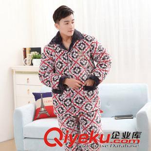 男士夾棉法蘭絨睡衣 秋冬季加厚珊瑚絨三層夾棉睡衣男士長(zhǎng)袖棉襖法蘭絨加大碼家居服