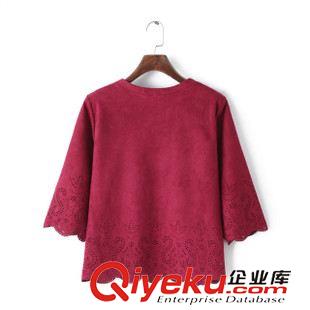 29號(hào)新款 AFC8929   15秋季新款歐美風(fēng)圓領(lǐng)中袖下擺激光鏤空麂皮絨T恤 女原始圖片3