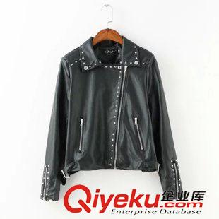 14號新款 BD1H0914   15秋季新款歐美風(fēng)翻領(lǐng)鉚釘裝飾下擺皮帶扣機(jī)車皮衣女