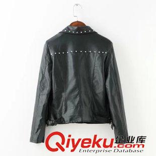 14號新款 BD1H0914   15秋季新款歐美風(fēng)翻領(lǐng)鉚釘裝飾下擺皮帶扣機(jī)車皮衣女原始圖片2