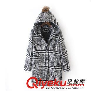 14號新款 WAAE00913    2015秋冬新款歐美中長款狐貍毛球連帽格子毛呢大衣原始圖片2