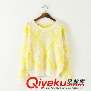 11號新款 JD0911   15秋季新款韓版圓領(lǐng)寬松菱形格子拼色套頭針織衫女毛衣原始圖片3