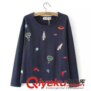 20號新款 OKＣ5820　15秋新款森女日系時尚圓領(lǐng)長袖刺繡網(wǎng)球拍寬松T恤女原始圖片3