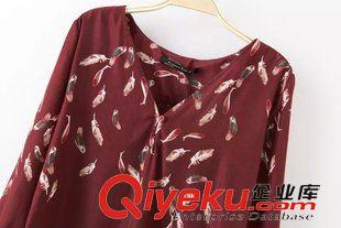 8號新款 SQC5808      2015新款歐美風時尚羽毛印花V領(lǐng)長袖套頭女式襯衫原始圖片3