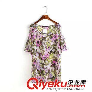 27號新款 D2B5731    15新款歐美風(fēng)時尚V領(lǐng)系帶露肩短袖雪紡印花女式T恤原始圖片3