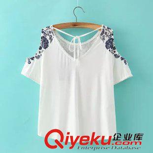 27號(hào)新款 baiC3627   2015新款歐美風(fēng)青花瓷印花圓領(lǐng)露肩短袖寬松女式T恤原始圖片2
