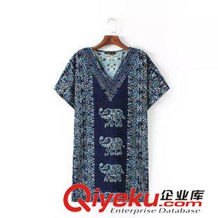 10號新款 AD2D0613    2015新款歐美風復古圖案印花V領(lǐng)長袖飄帶連衣裙 女