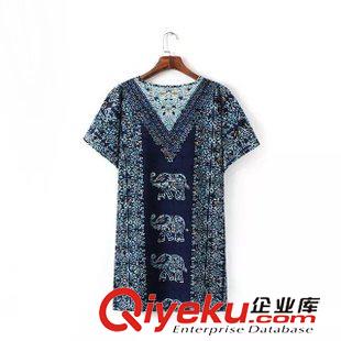 10號新款 AD2D0612    15新款歐美風復古定位大象印花V領短袖女式連衣裙原始圖片2