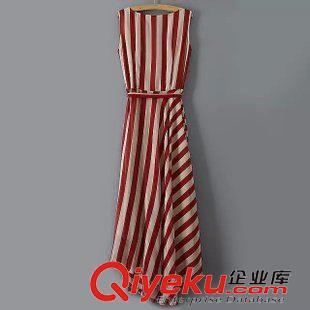 19號新款 TZND6524   歐美時尚新款豎條紋雪紡裙圓領無袖系腰帶大擺連衣裙原始圖片3