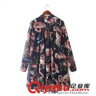 22號新款 HH1E5422     歐美新款系帶領結秋千擺印花長袖休閑寬松連衣裙 女原始圖片2