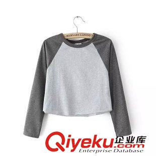 17號新款 D6B5417   15新款歐美風AA性感露臍短款插肩袖拼色長袖T恤 女原始圖片3
