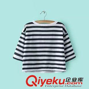 5號新款 LAaB8405    2015新款歐美時尚可愛卡通條紋圖案圓領(lǐng)短袖短款T恤原始圖片2