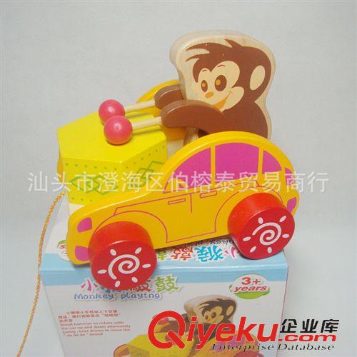 木質玩具 兒童益智新款 寶寶拖拉敲鼓車 木制玩具車 小猴拖拉車玩具禮物原始圖片2