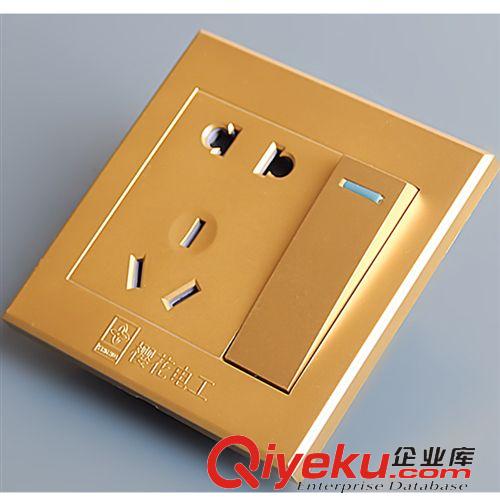 香檳金系列 廠家直銷 一位單控翹板開關(guān)帶二、三極插座 櫻花一開五孔插座原始圖片2