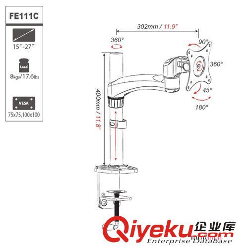 內銷產品 15-27寸單節液晶電腦顯示器鋁合金支架 夾桌式安裝 萬向旋轉調節原始圖片2