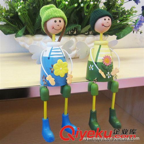 娃娃擺件 木質工藝品批發 創意家居飾品擺件 可愛情侶吊腳吊腿娃娃(綠+藍)