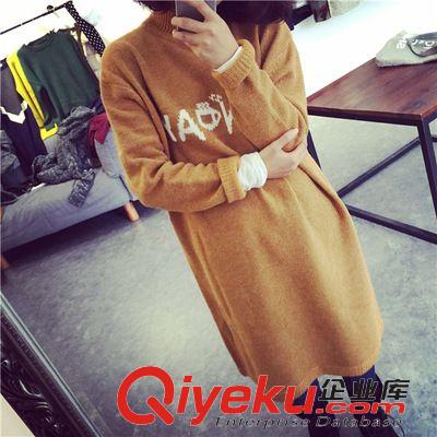 毛衣 羊絨手感柔軟寬松休閑韓國小半高領(lǐng)字母長款針織毛衣連衣裙批發(fā)