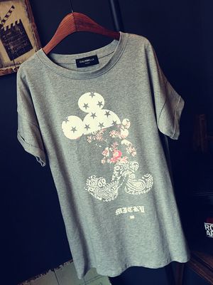 T恤 外貿(mào)原單女裝 歐美印花純棉做舊寬松大碼套頭短袖米奇T恤批發(fā)原始圖片3