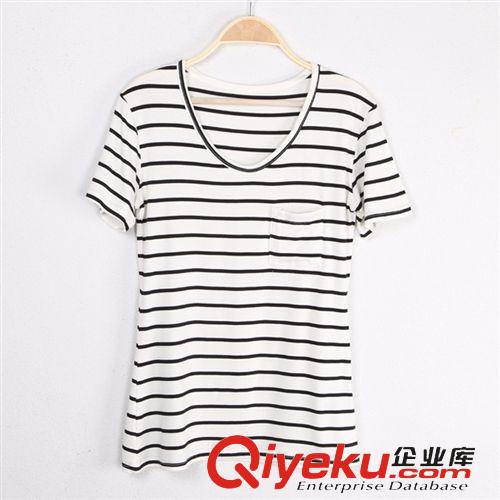 T恤 夏裝新款歐美學院小清新莫代爾V領舒服條紋短袖T恤女裝上衣