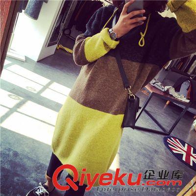 連衣裙 韓版拼色休閑寬松羊絨手感連帽長款毛衣針織連衣裙批發(fā)原始圖片2
