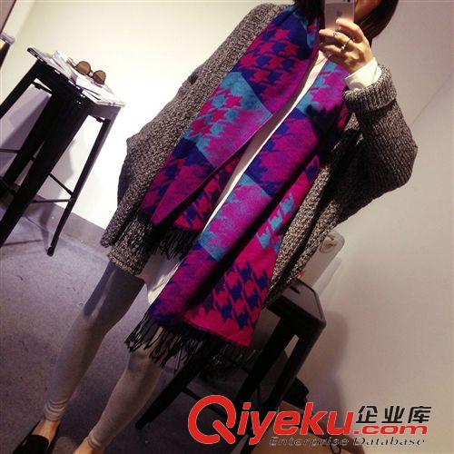 其他 冬裝幻彩色千鳥格圍脖英倫長方形拼色雙面流蘇圍巾保暖大披肩批發原始圖片2