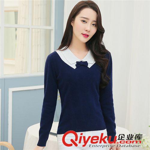 女裝 2015春季新款品牌純色氣質(zhì)羊絨衫 娃娃領(lǐng)蝴蝶結(jié)修身打底衫毛衣女原始圖片3