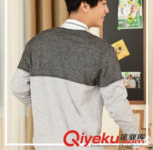 男裝 品牌新品男裝 時尚休閑羊絨針織衫男士 v領(lǐng)拼色開衫毛衣打底衫原始圖片2