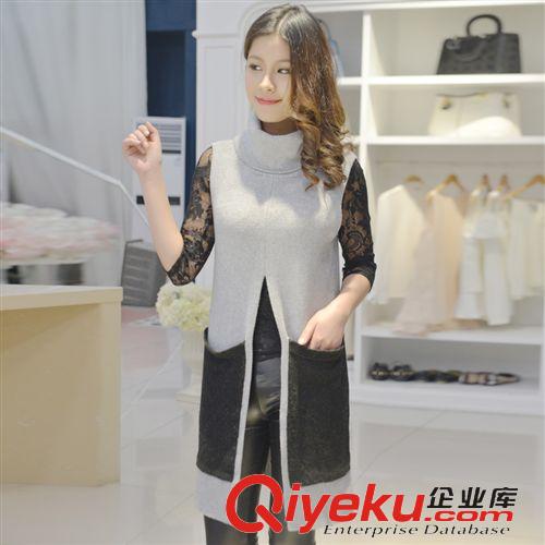 羊絨吊帶/圍巾 2015新春韓版女無袖羊絨衫 時尚高領(lǐng)中長款毛衣女 帶兜開叉針織衫